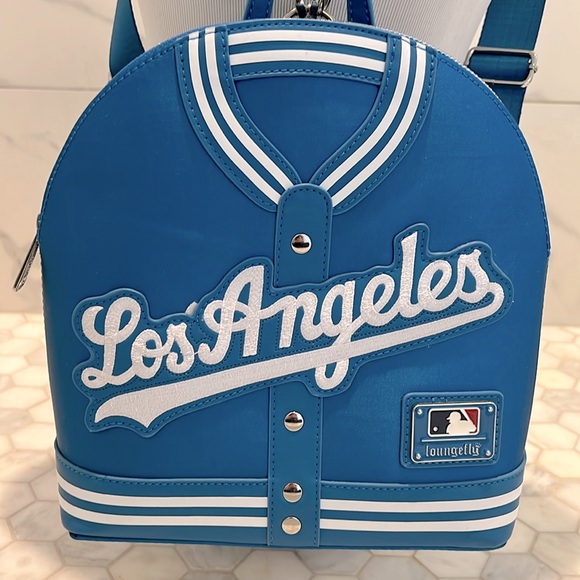 Loungefly MLB LA Los Angeles Dodgers Blue Satin Jacket Convertible Mini Backpack - Picture 3 of 11
